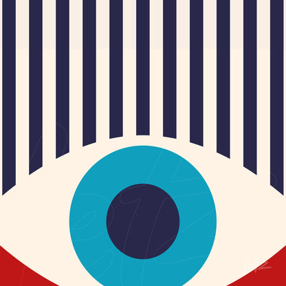digital art of a stylized eye with blue iris and vertical black stripe patterns on a beige background with a red base