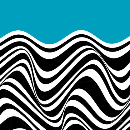 abstract poster print featuring black and white wavy lines on a vibrant blue background