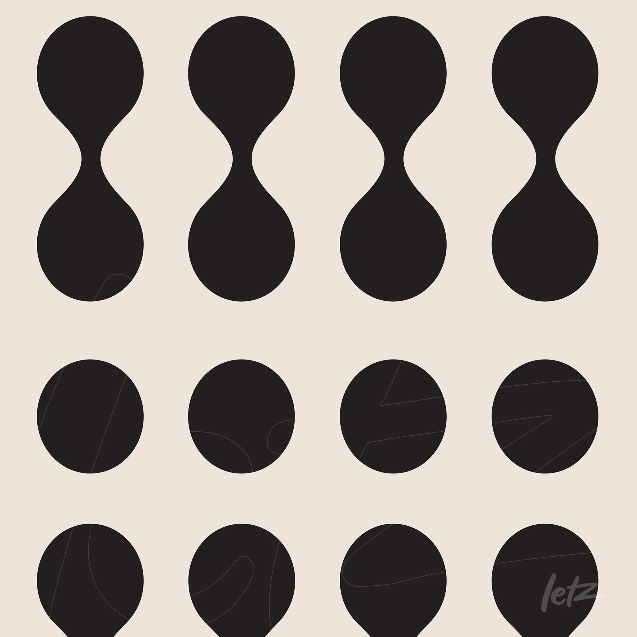 abstract art with repeating geometric patterns of circles and curved shapes in black on a beige background