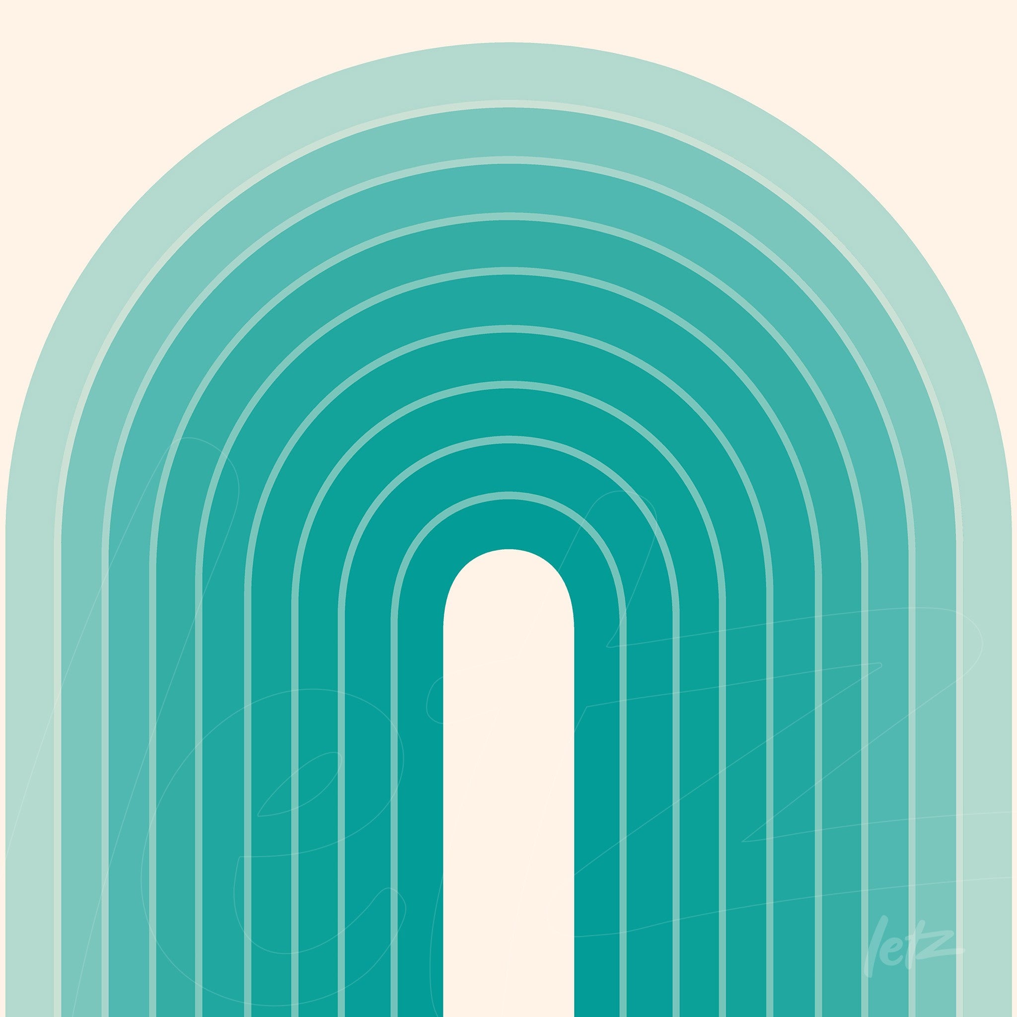 abstract art print in shades of blue and green featuring geometric arch shapes