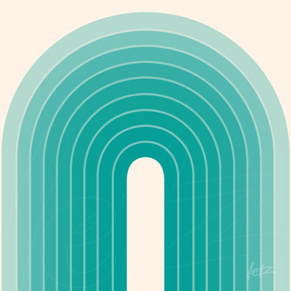 abstract art print in shades of blue and green featuring geometric arch shapes