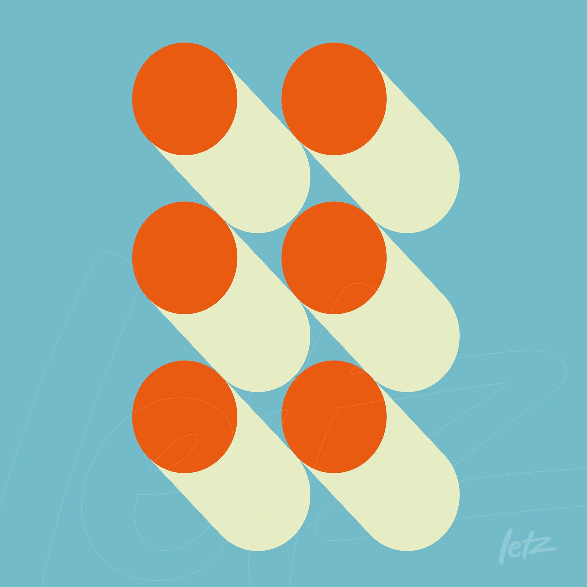 decorative wall art with geometric design of orange circles on light blue background