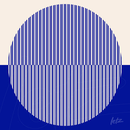 abstract art featuring a circle with vertical blue stripes on a background split between white and blue