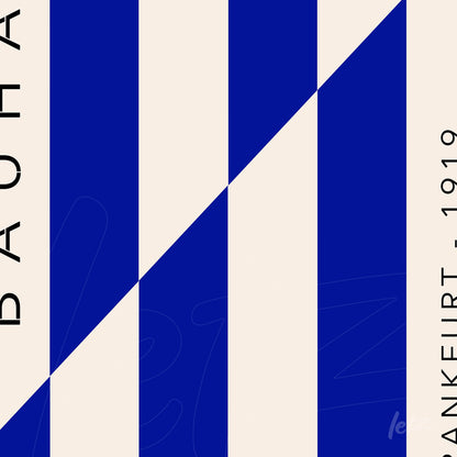 canvas print of abstract art featuring diagonal blue and beige stripes with vertical text on the side