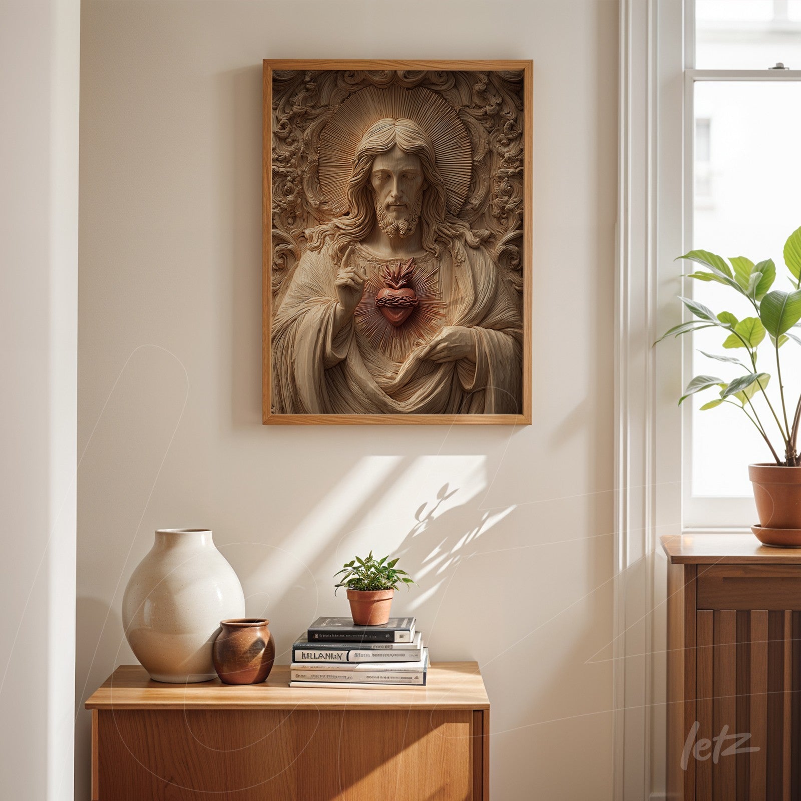 framed relief art of Christ with exposed heart in light wood frame displayed in a bright indoor setting