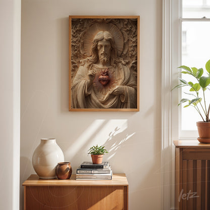 framed relief art of Christ with exposed heart in light wood frame displayed in a bright indoor setting