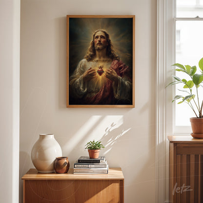 framed religious artwork depicting Jesus Christ with a heart in wood frame