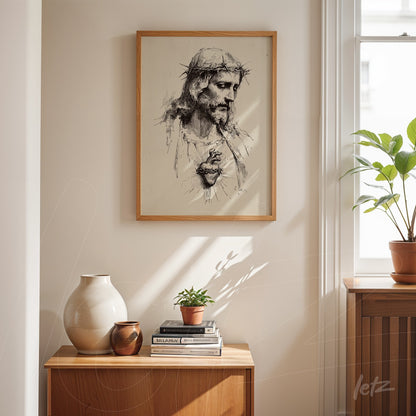 framed artwork featuring a monochromatic illustration of Jesus' face displayed on a light wall next to a wooden shelf with decorative plants