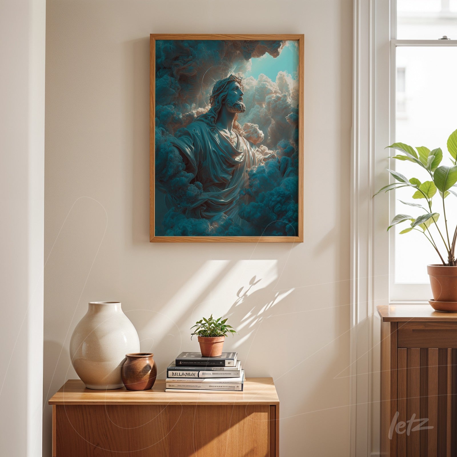 framed wall art featuring a male figure surrounded by blue clouds displayed near a wooden shelf with plants