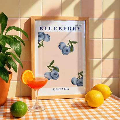 decorative wall art featuring blue blueberries illustration on light background in light wood frame