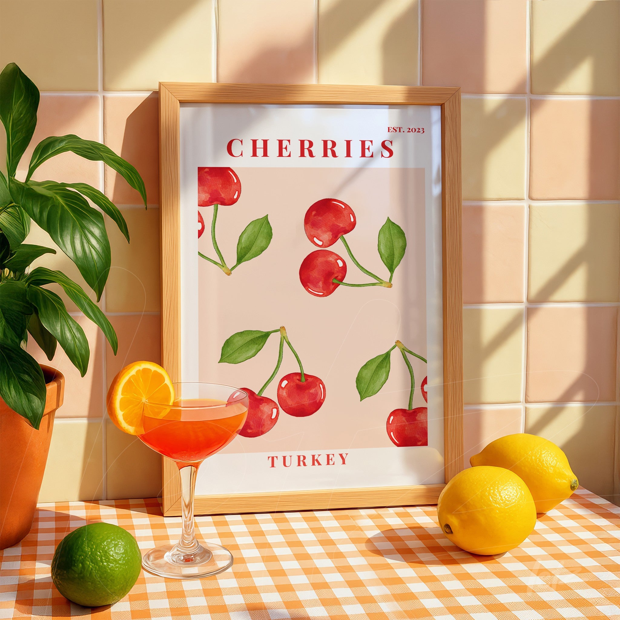 framed wall art featuring cherries on a light background with a light wood frame and text 'CHERRIES' and 'TURKEY'