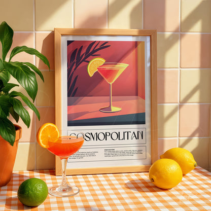 framed artwork of cosmopolitan cocktail in light wood frame against a beige tile wall with green foliage and citrus fruits on a checkered table