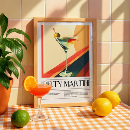decorative wall art with pop style illustration of dirty martini in light wood frame with colorful geometric background