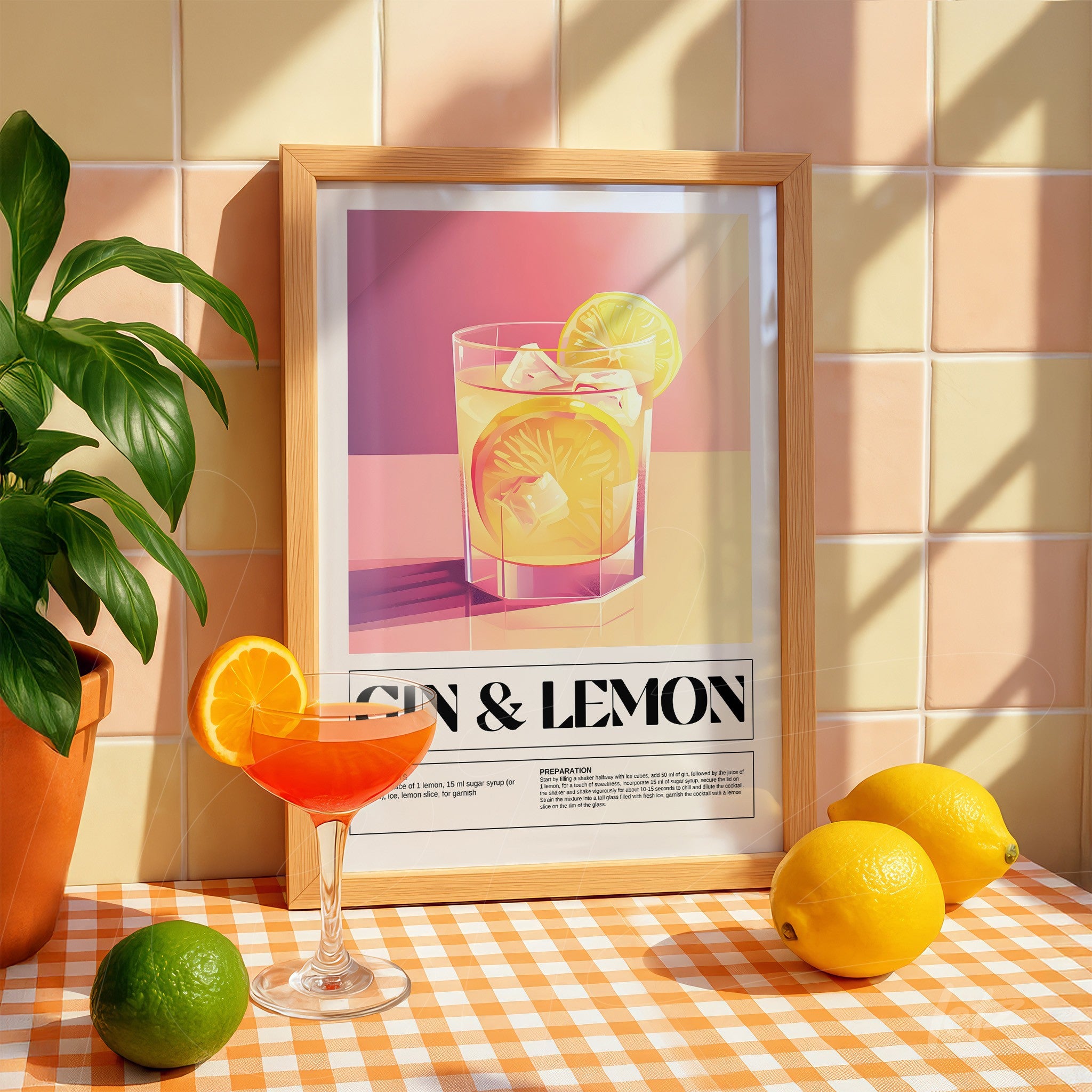 framed artwork of gin and lemon cocktail in a light wooden frame placed on a table with orange checkered tablecloth