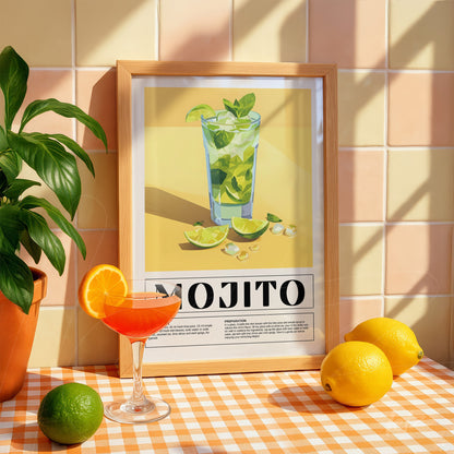 framed colorful illustration of mojito cocktail in light wood frame displayed against yellow background surrounded by citrus fruits
