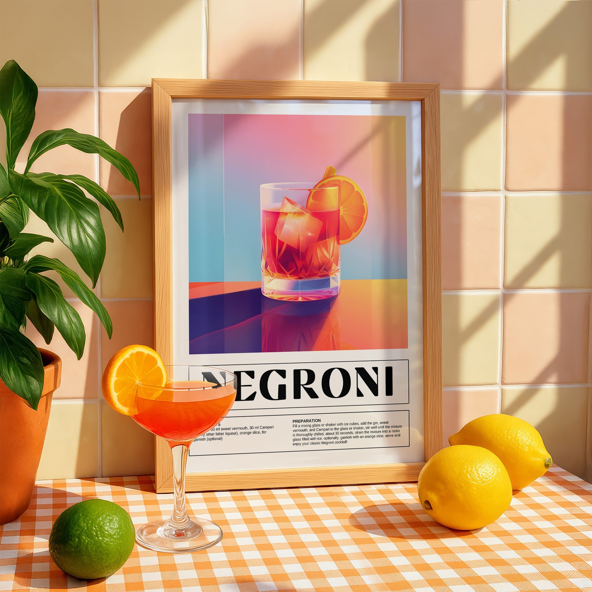 decorative wall art featuring graphic design of negroni cocktail in light wood frame, surrounded by citrus fruits and green plant