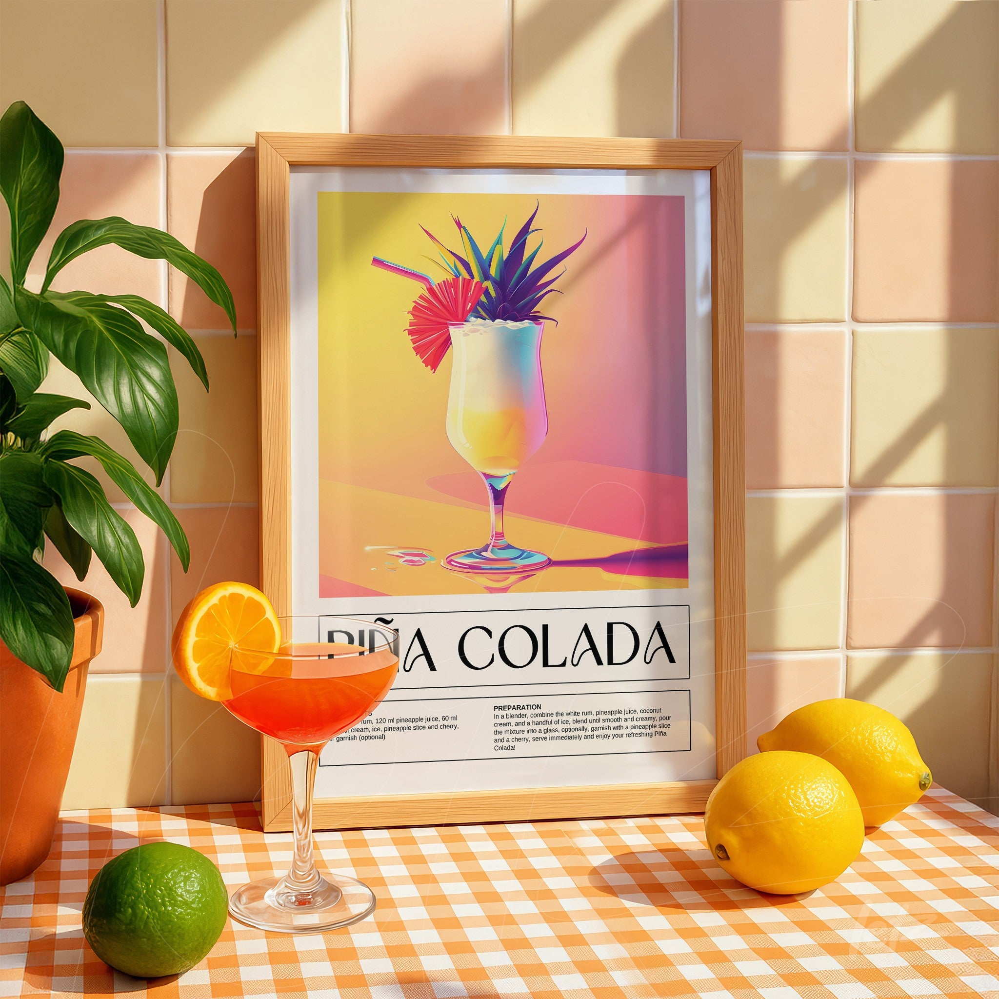decorative framed art featuring an illustration of piña colada with a light wooden frame and colorful background