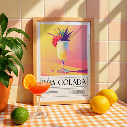 decorative framed art featuring an illustration of piña colada with a light wooden frame and colorful background