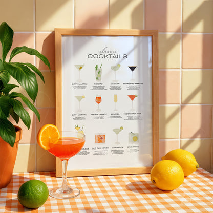 framed artwork with cocktail illustrations displayed against beige tiles, featuring lemons and a plant nearby