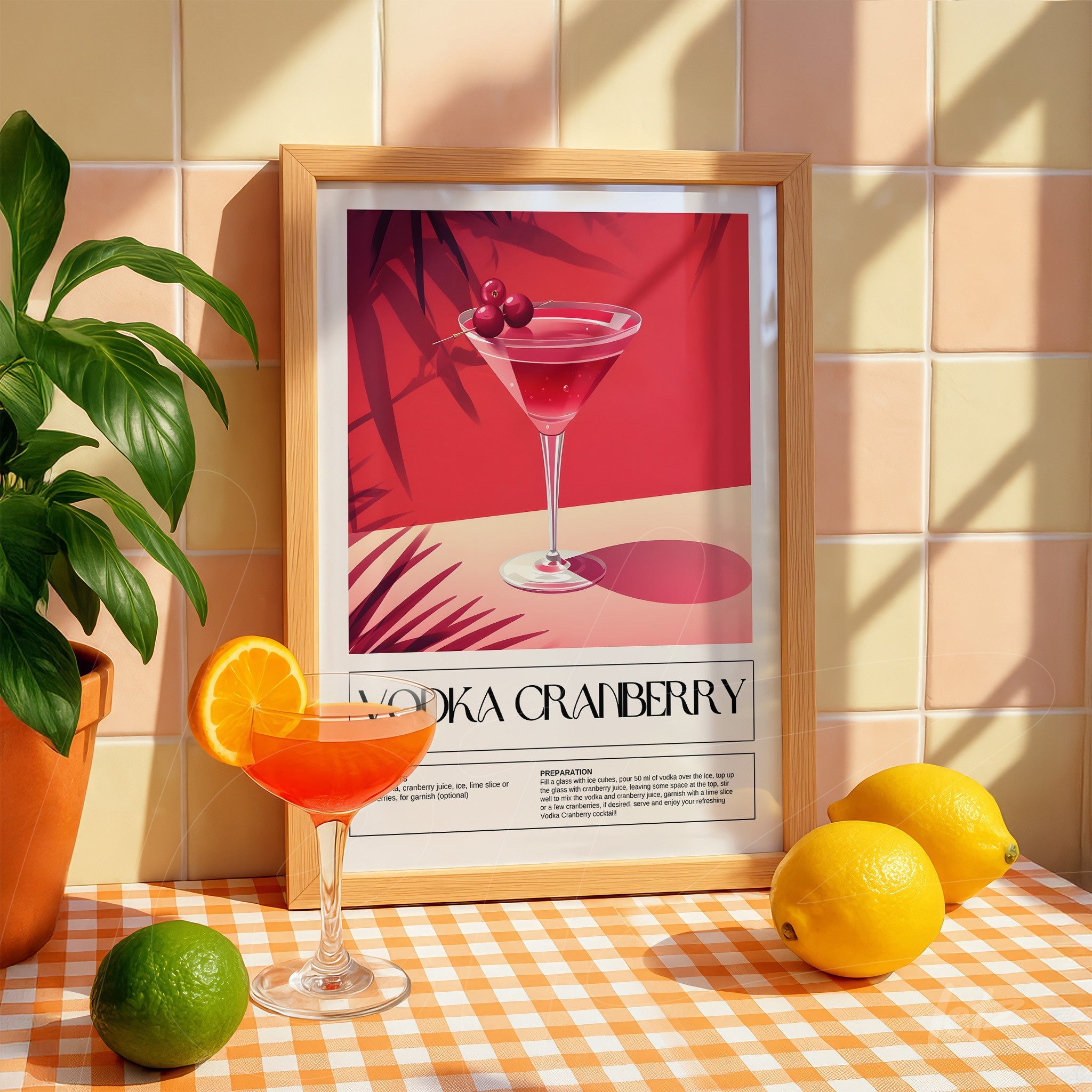 framed vintage artwork of vodka cranberry cocktail with light wooden frame, surrounded by lemons and oranges in a bright setting