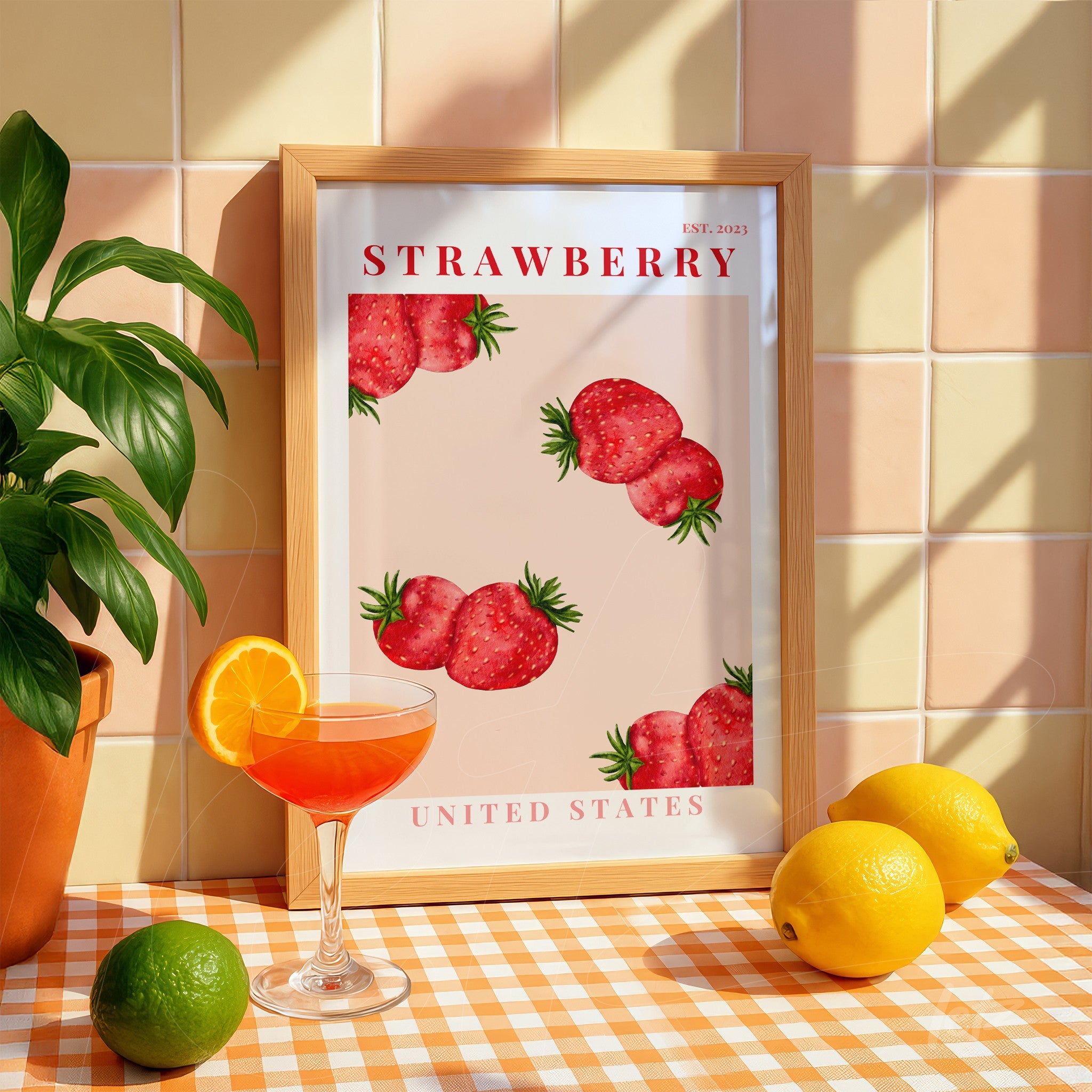 framed wall art featuring strawberry illustrations on a pink background with citrus fruits and a potted plant