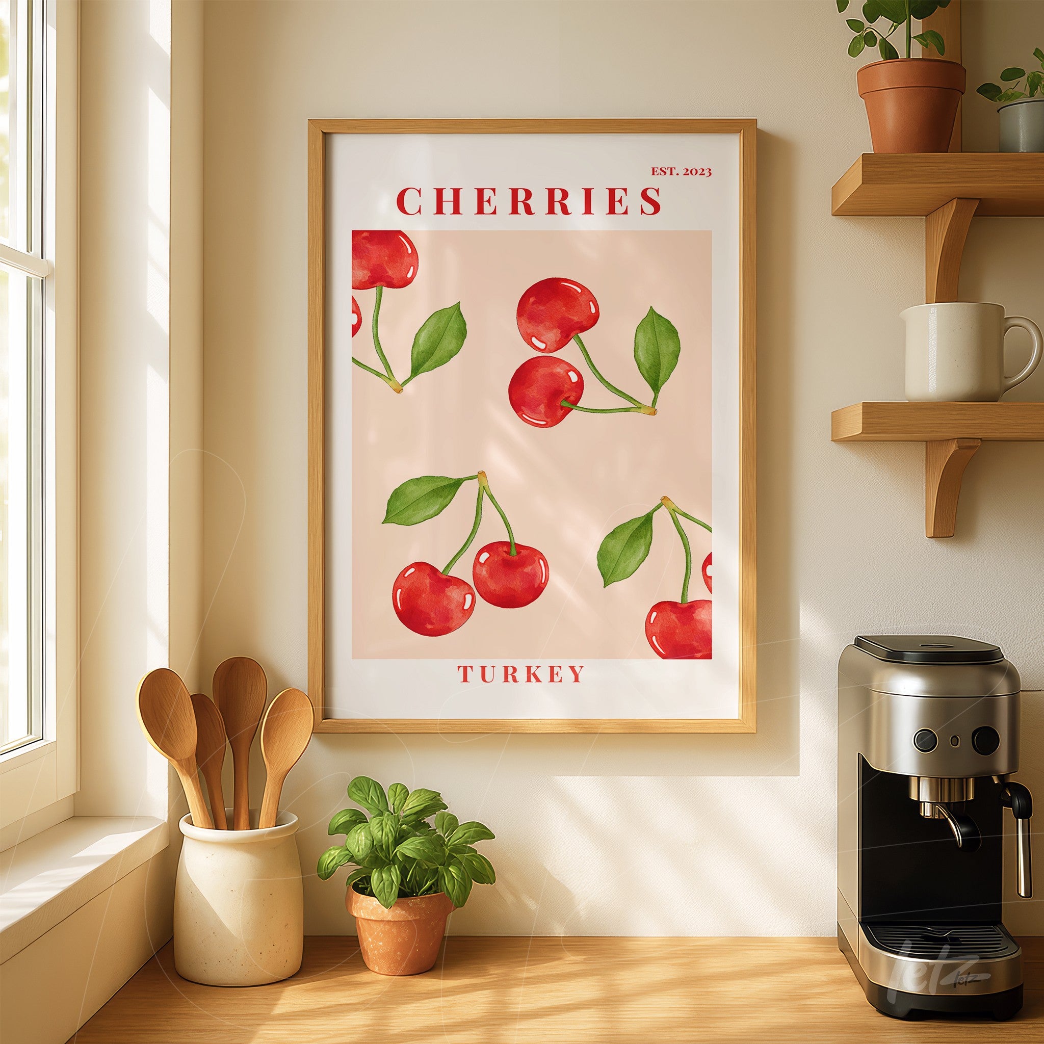 framed wall art featuring bright red cherries on a light pink background, light wood frame with text that reads 'CHERRIES TURKEY'