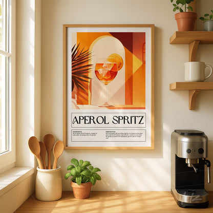 framed modern art of aperol spritz in light wood frame displayed on a light wall beside a wooden shelf with kitchen utensils