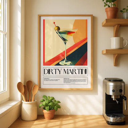 framed vintage style art of dirty martini displayed on a wall illuminated by window