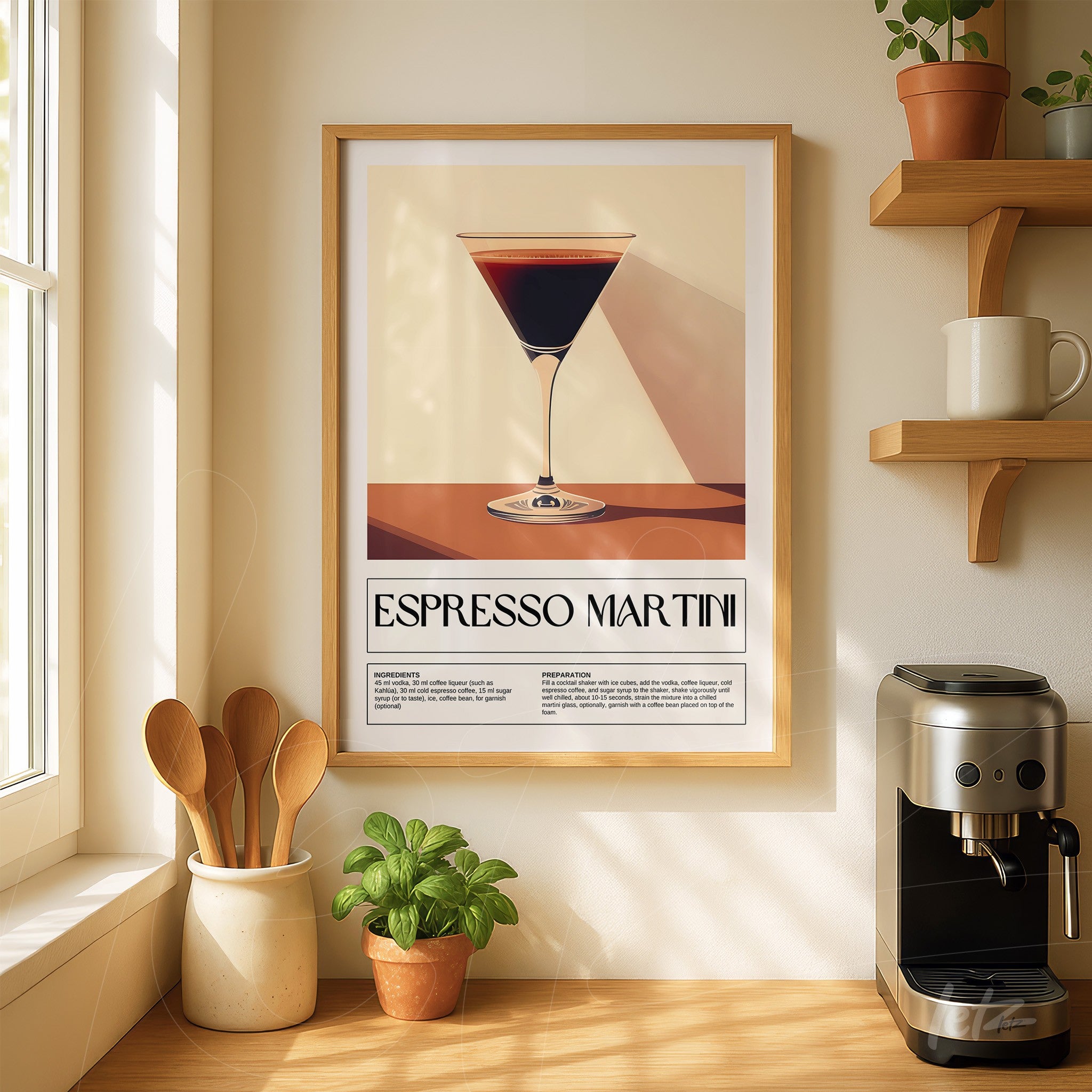 framed retro artwork of espresso martini displayed in a kitchen with wooden shelf and plant in the background