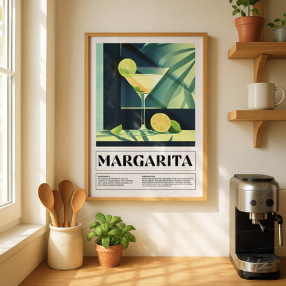 framed wall art featuring a stylized margarita illustration with a light wooden frame displayed on a wooden shelf with decorative elements