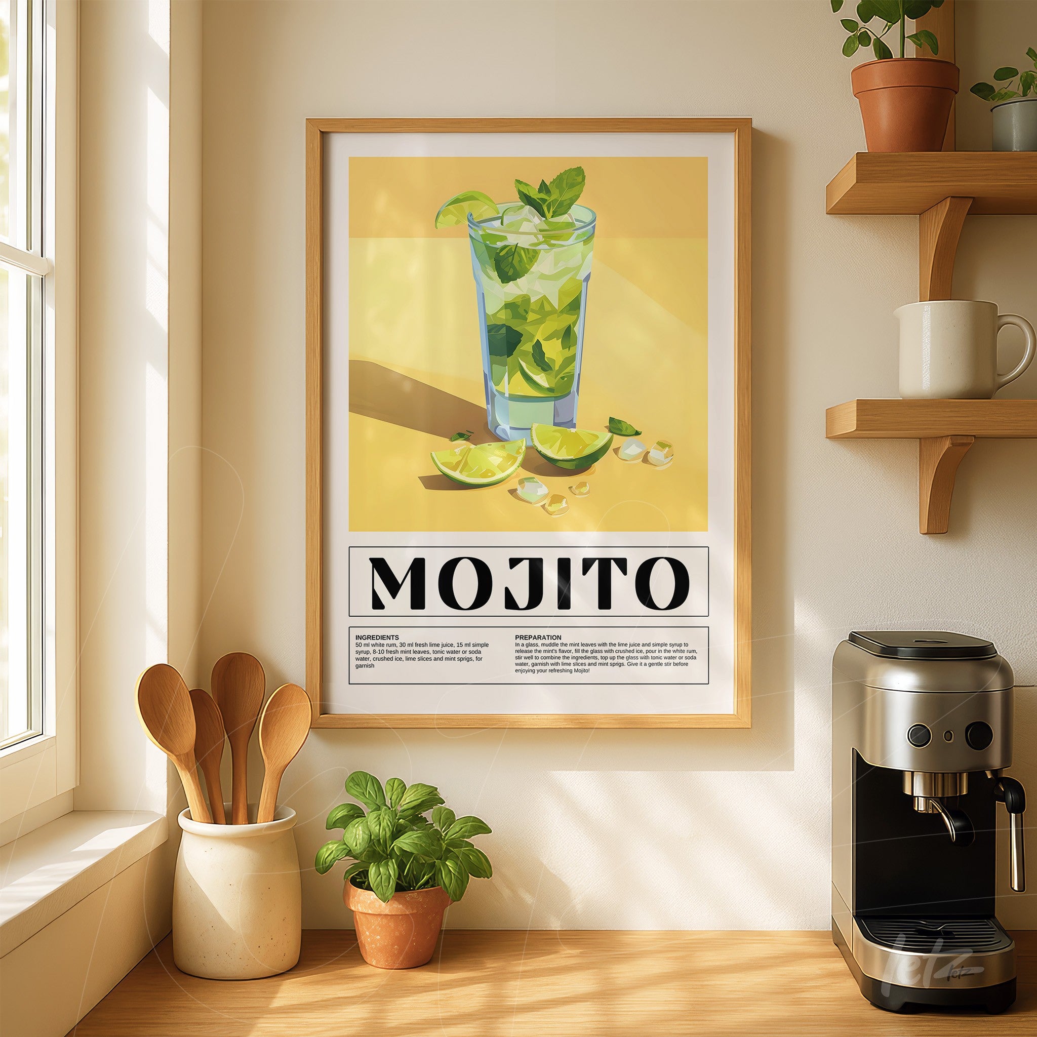 framed artwork of mojito cocktail featuring a glass with mint and lime slices, displayed against a yellow background with a light wooden frame