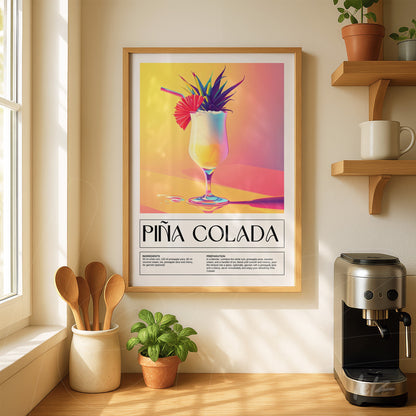 framed art print of a vibrant piña colada illustration in light wood frame displayed on a wooden shelf with kitchen utensils in the background