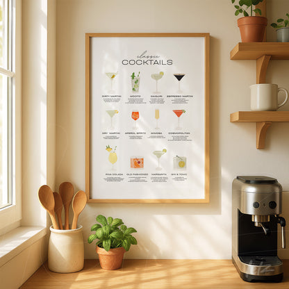 framed wall art featuring classic cocktail illustrations arranged in a grid on a white background with a light wooden frame