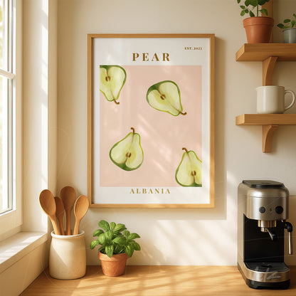 framed artwork featuring pears on pink background, displayed on wall with window light