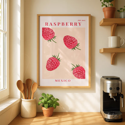 framed art piece featuring raspberry illustrations on a pink background with the text 'Raspberry' and 'Mexico' at the bottom