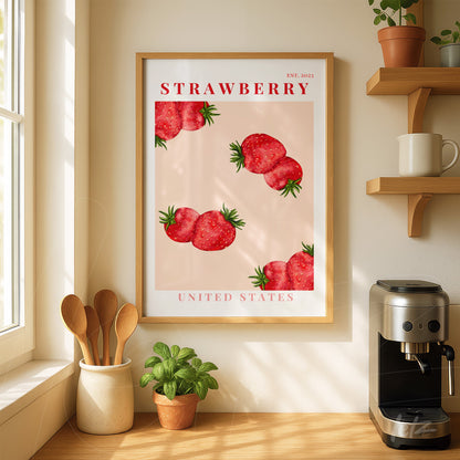 framed wall art featuring strawberries on a pink background with light wood frame displayed on a kitchen wall with wooden shelf