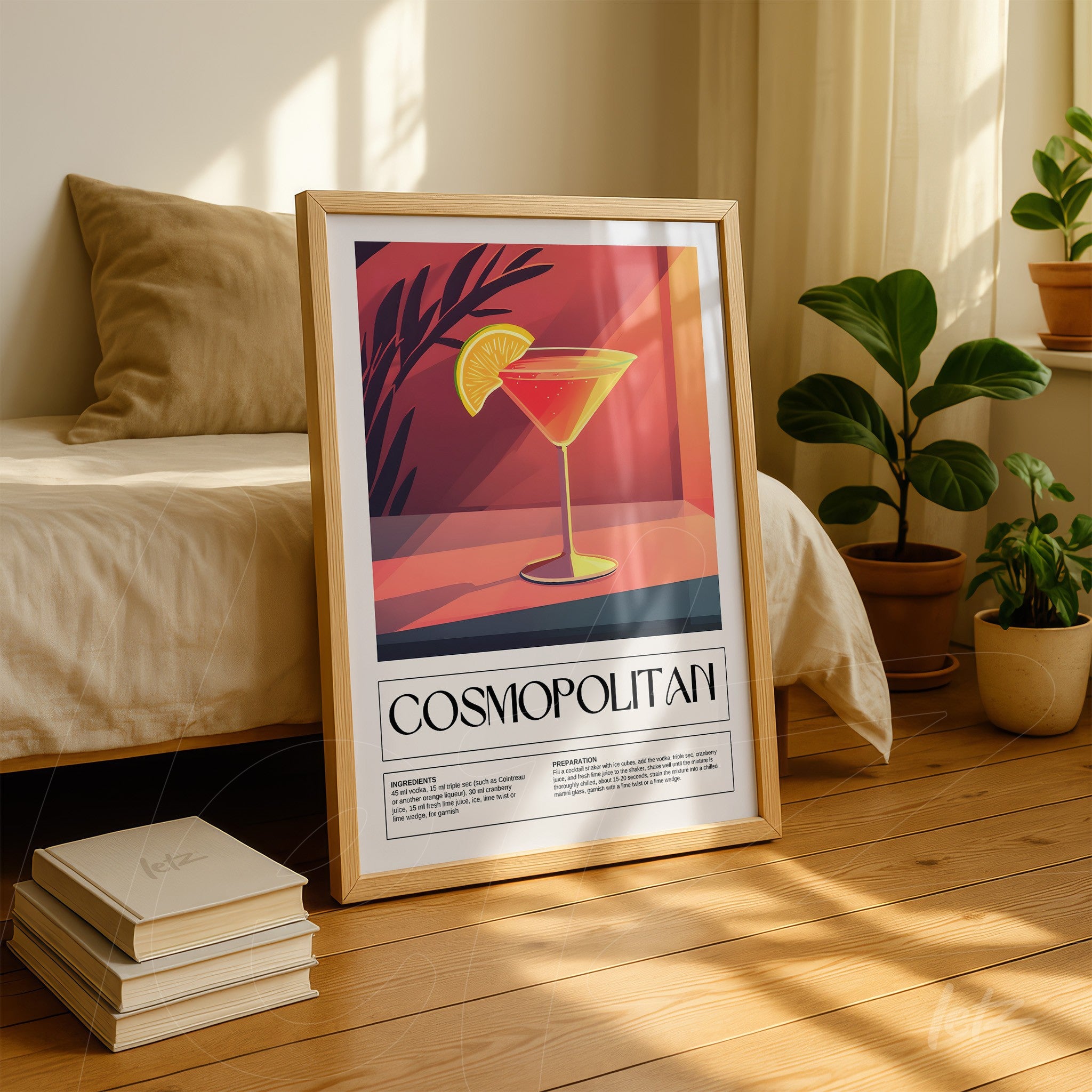 vintage style framed art of cosmopolitan cocktail leaning against a stack of books in a cozy setting