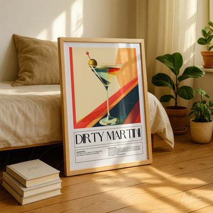 framed art of dirty martini cocktail in light wooden frame, leaning against a stack of books on wooden floor