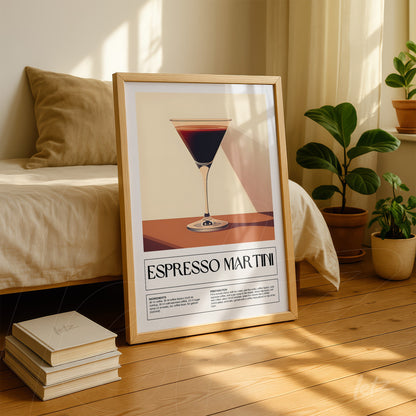 retro style framed art of espresso martini displayed next to plants in a cozy indoor setting