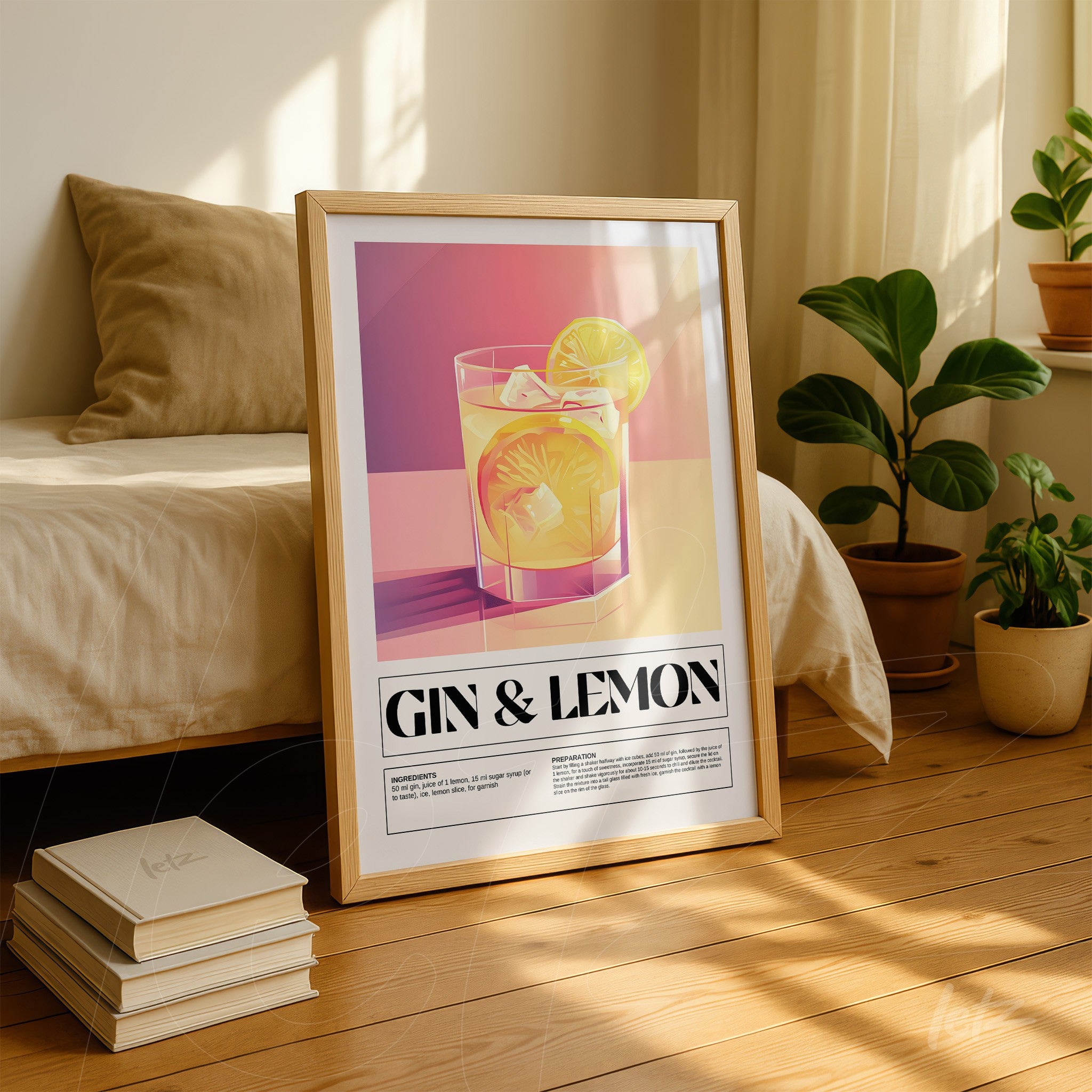 minimalist wall art featuring a gin and lemon cocktail in a light wood frame
