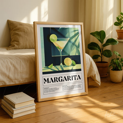 framed artwork of margarita cocktail featuring lime slices against a modern background with plants