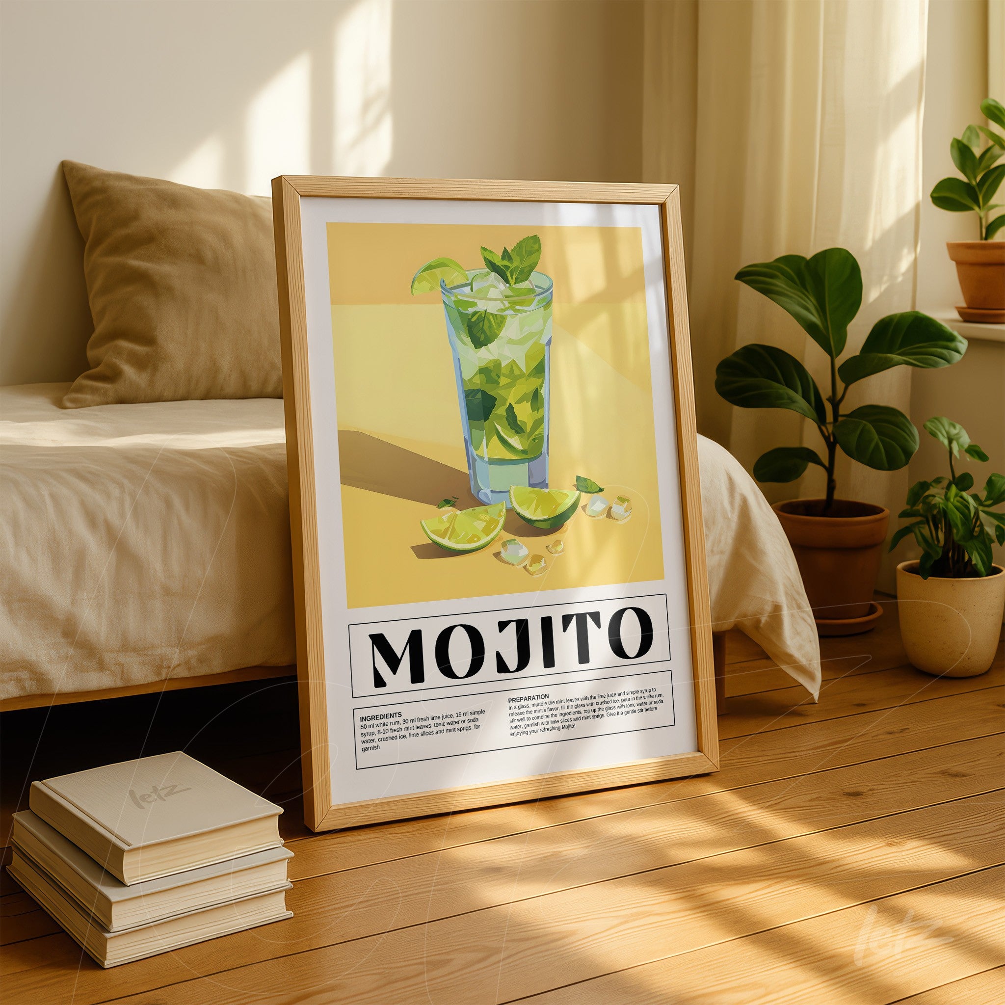 framed art of mojito cocktail on light wooden frame with yellow background