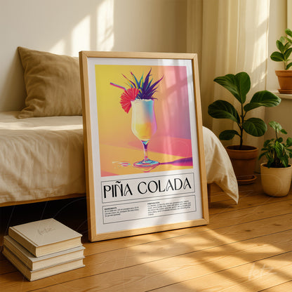 framed digital art of a piña colada cocktail with vibrant pink and blue background