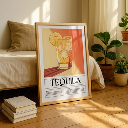 framed art print featuring a tequila cocktail illustration with a light wood frame on a wooden floor