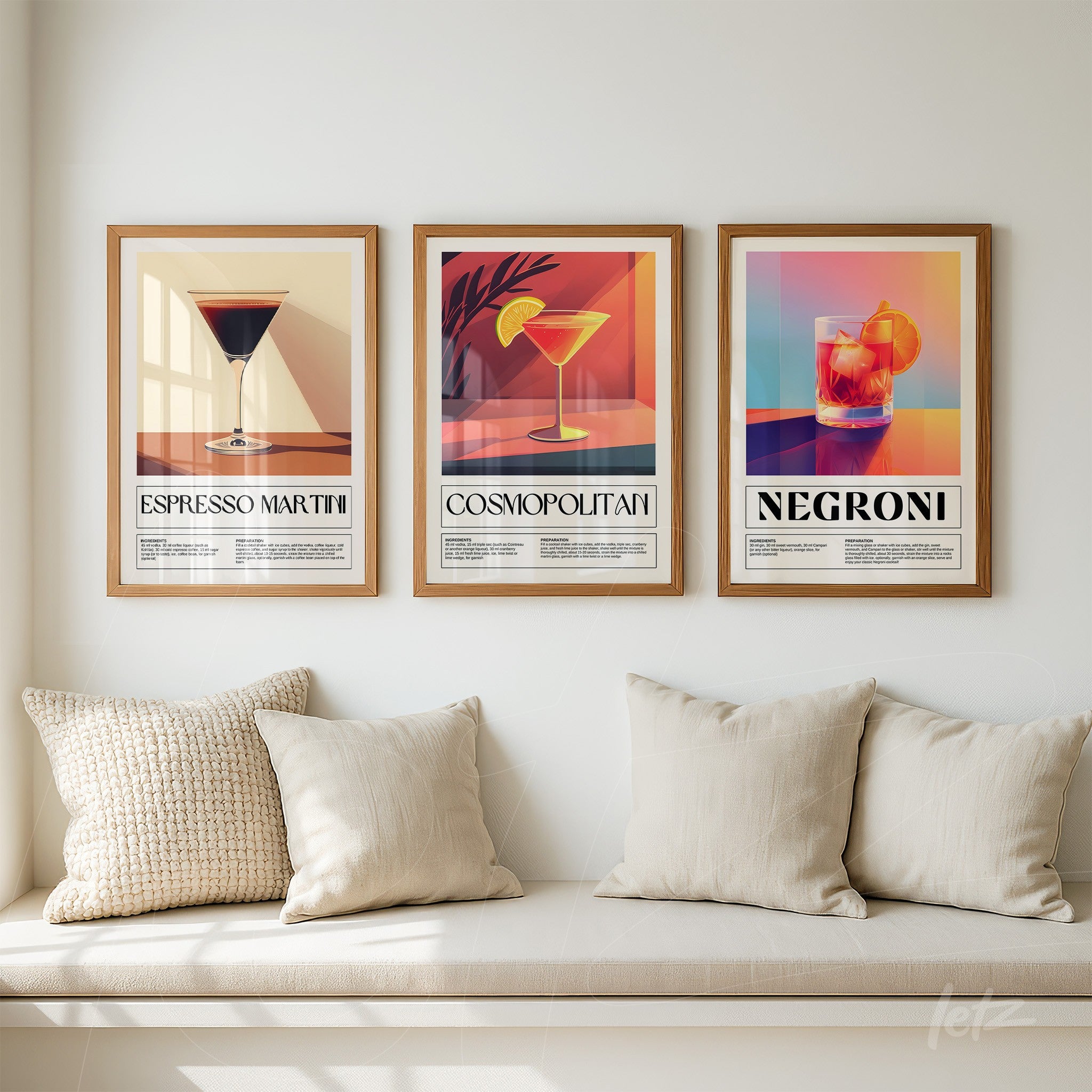 collection of three framed art pieces featuring colorful cocktails including espresso martini, cosmopolitan, and negroni displayed on a light wall beside beige cushions