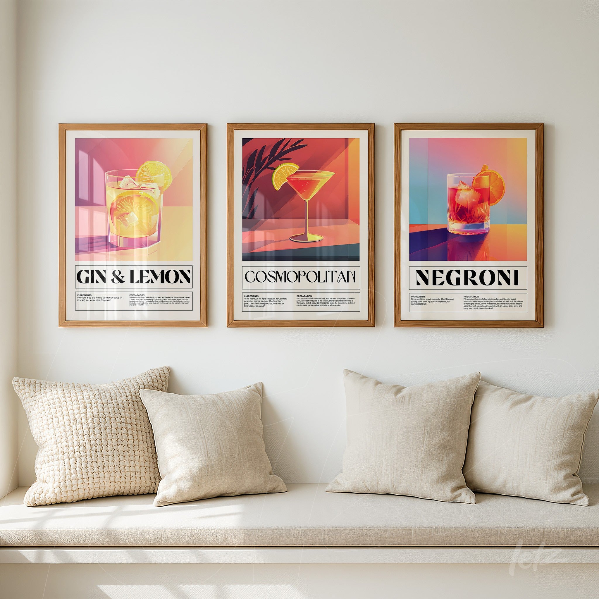 set of decorative wall art featuring cocktail illustrations with light wood frames and vibrant backgrounds