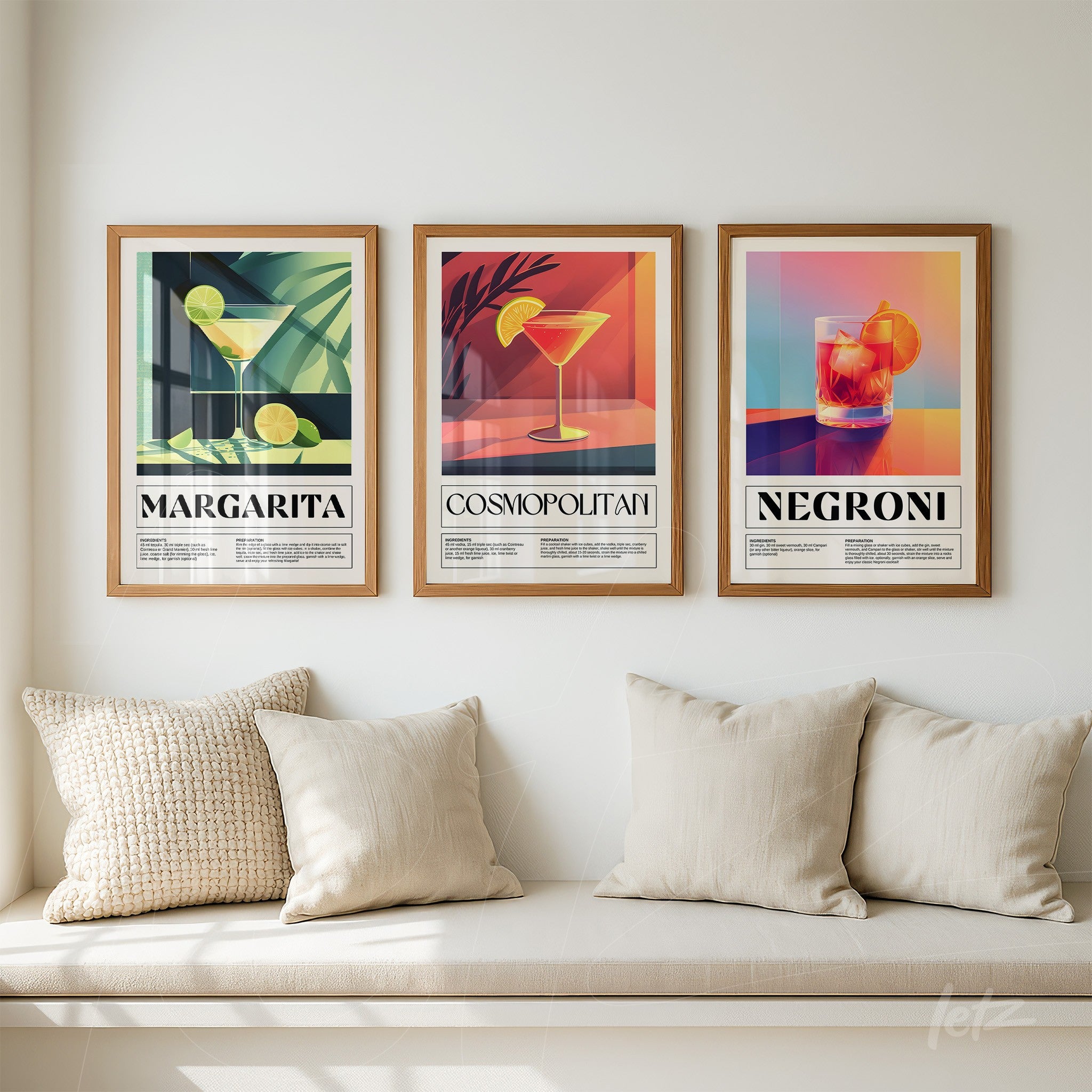 series of decorative cocktail art prints in light wood frames against a neutral background