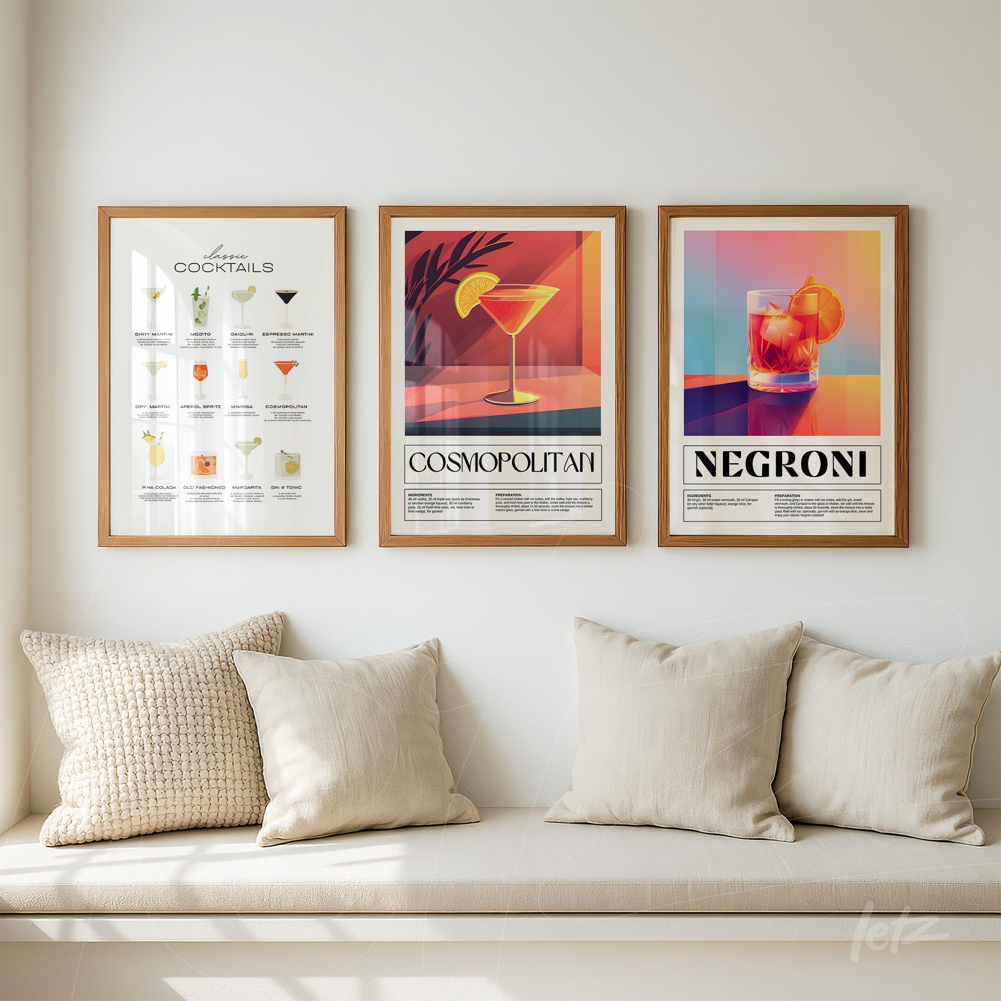 a composition of three decorative wall art pieces featuring cocktails, with light wood frames, including a cocktail recipe and illustrations of cosmopolitan and negroni, displayed on a light wall next to beige pillows