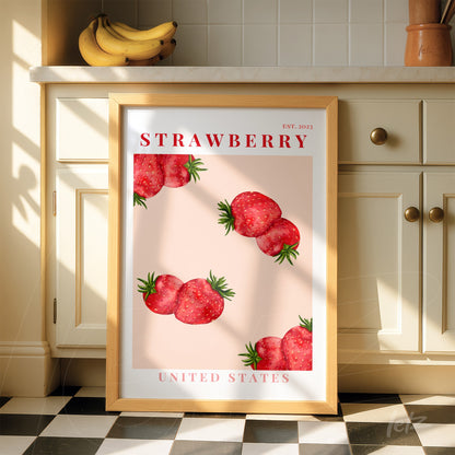 decorative artwork featuring strawberries on a pink background, framed in light wood with red text