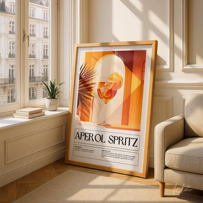modern wall art of aperol spritz in a light wood frame